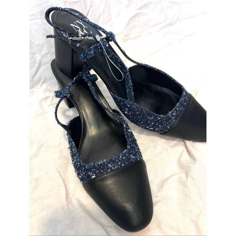 NWOT NY&Co Womens LoriannTweed Mixed Media Slingback Heels Black Blue Size 9